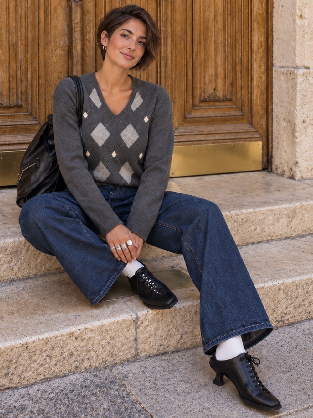 Charter Club charcoal grey argyle Vneck two-ply cashmere womens sweater Large